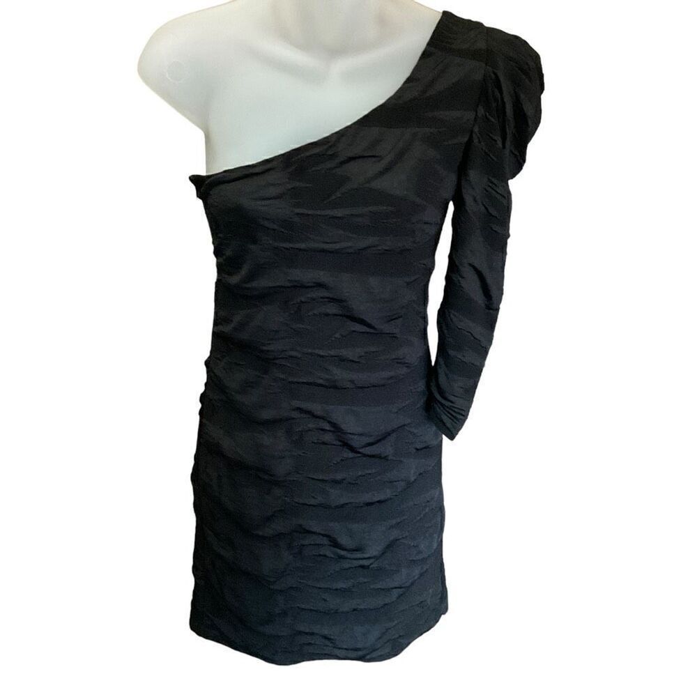 Papaya One Shoulder Ruffle Wavy Black Mini Dress Left Sleeve Junior Large